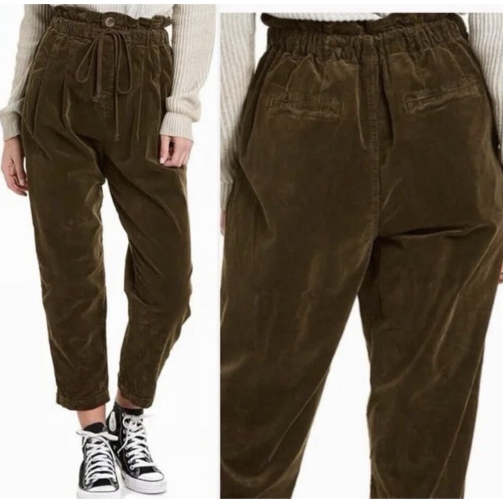 Free People Corduroy Paperbag Pants Dark Olive Pleated Size S Academia